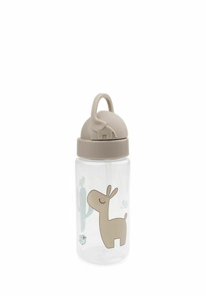 Gennemsigtig plastflaske med beige låg og indbygget sugerør, dekoreret med illustrationer af en sovende lama, kaktus, fugl og sommerfugl.