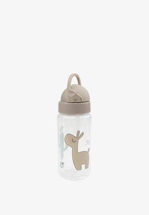 Gennemsigtig plastflaske med beige låg og indbygget sugerør, dekoreret med illustrationer af en sovende lama, kaktus, fugl og sommerfugl.
