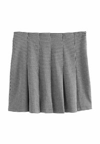 Czarna i biała spódnica plisowana w wzór houndstooth z elastycznym pasem, wykonana z teksturowanej tkaniny, ilustrująca zorganizowany design.