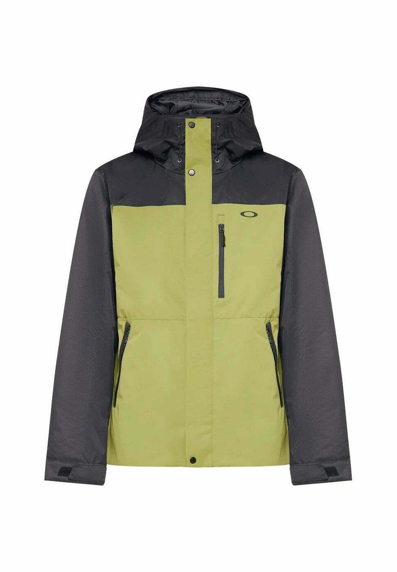 Veste à capuche verte et noire avec une poche zippée, fabriquée en matériau léger, présentant un design à blocs de couleurs et une capuche ajustable.