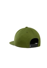 Groene pet van gestructureerde stof met een vlakke klep en verstelbare snapback. Beschikt over een merklabel aan de zijkant en een ronde kroon.