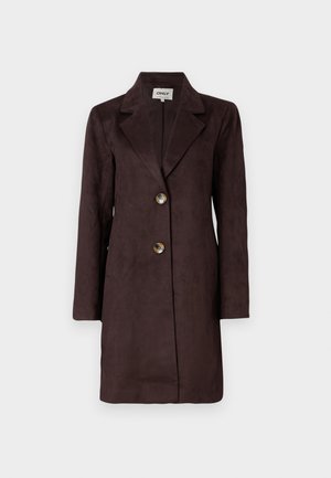 Brown suede long coat featuring a notched lapel, two large buttons, and a straight silhouette. Smooth texture with a minimalist design.