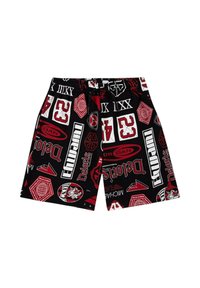 Pantaloni corti neri con una combinazione di grafiche rosse e bianche, inclusi loghi e numeri, con una vita elastica per il massimo comfort.