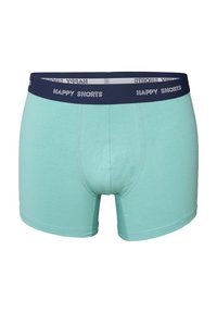 Lichtblauwe boxershorts van zachte stof, met een marineblauwe elastische tailleband waarop in witte tekst "HAPPY SHORTS" staat. Gestikt detail is aanwezig.