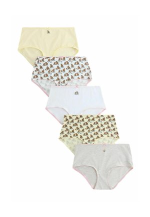 Fünf Kinderunterwäschepaare in Gelb, Weiß, Grau und mit Elefantenmuster, in einer vertikalen Reihe angeordnet.