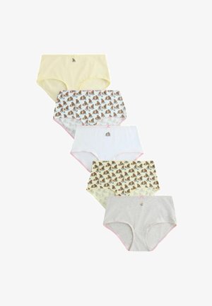 Cinq paires de sous-vêtements pour enfants en jaune, blanc, gris et avec des motifs d'éléphant, disposées en une rangée verticale.