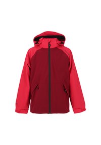 Rød og pink vandtæt jakke med hætte, frontlynlås, justerbare manchetter og to for-lyttere. Glat tekstur med kontrasterende farver.