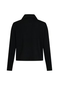 Svart, långärmad jacka med krage och textilstruktur. Designen är kortad vid midjan med en rak nederkant.