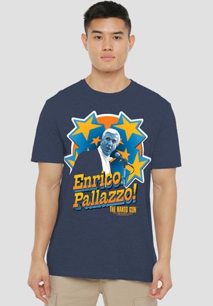Navy t-shirt featuring a graphic print of a microphone and a man in a suit, surrounded by blue and orange stars with the text "Enrico Pallazzo!"