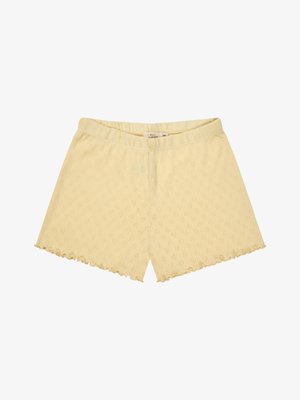 Svetlo rumeni pleteni kratke hlače z elastičnim pasom in cikcak obrobo, z nevsiljivim vzorcem diamantov po celotnem materialu.