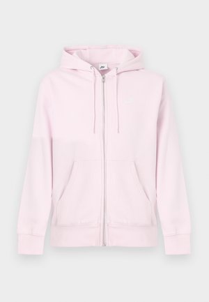 Sweatshirt com fecho de correr cor-de-rosa, feita de tecido macio, com bolso canguru, capuz com cordão e pequeno logótipo branco no peito esquerdo.