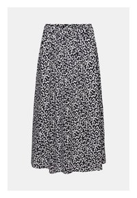 Jupe midi à motifs noirs et blancs avec une ceinture élastique et un design fluide. Tissu léger présentant des formes abstraites audacieuses.