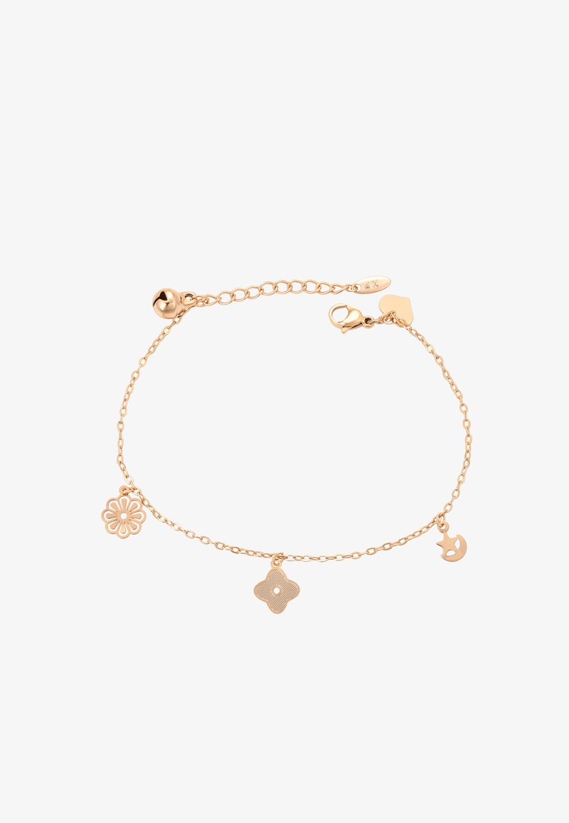 Bracciale dorato caratterizzato da una fine catena con un ciondolo floreale, un ciondolo a forma di stella decorata e una piccola campanella rotonda, tutti con una finitura lucida.