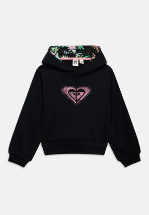 Black hooded sweatshirt with pink heart-shaped logo and floral pattern inside the hood, featuring a front kangaroo pocket and ribbed cuffs.