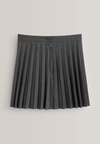Jupe plissée gris foncé avec une ceinture et une fermeture éclair centrale, présentée sur un fond clair uni.
