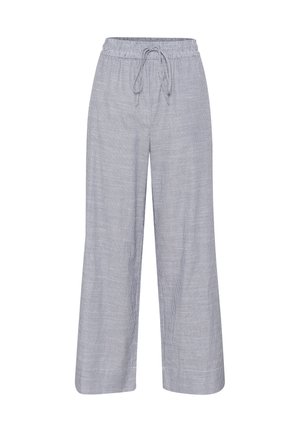 Pantaloni a gamba larga grigio e bianco a righe con vita elastica e cordoncino. Tessuto leggero con vestibilità rilassata.