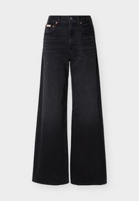 Μαύρο τζιν παντελόνι με φαρδιά πόδια, ψηλή μέση, κουμπιά μπροστά, φερμουάρ, θηλιές για ζώνη και σχεδιασμό με πέντε τσέπες.