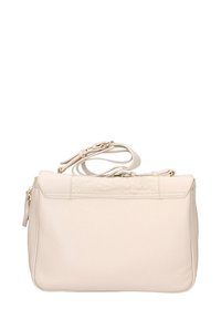 Borsa a tracolla in pelle beige con un pannello superiore testurizzato, hardware dorato, due manici e chiusura con zip. Superficie liscia con dettagli minimi.