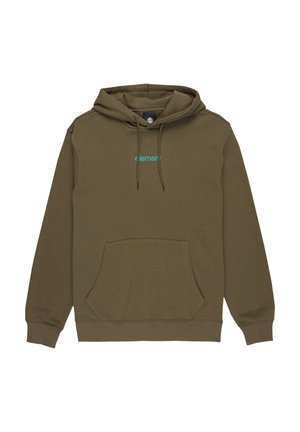 Olivgrüner Kapuzenpullover mit einer vorderen Kängurutasche, Kordelzugkapuze und blauem "Element"-Logo auf der Brust. Weicher Baumwollmischstoff.