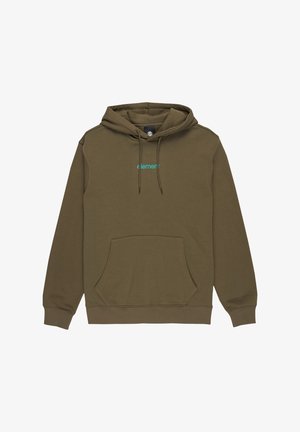 Sudadera verde oliva con un bolsillo frontal tipo pouch, capucha con cordón y logo azul "element" en el pecho. Tejido suave de mezcla de algodón.