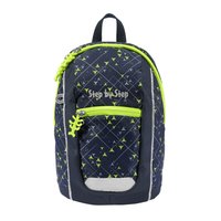 Navy blue backpack with neon green accents, geometric patterns, and a front zippered pocket. Features a top handle and grey trim.
