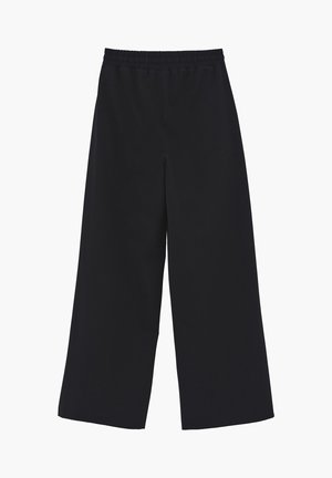 Pantalon noir à jambes larges avec taille élastique, sans poches visibles ni ornements, conçu pour une coupe ample.
