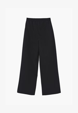 Pantalon noir à jambes larges avec taille élastique, sans poches visibles ni ornements, conçu pour une coupe ample.