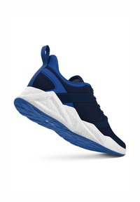 Granatowe buty sportowe wykonane z siateczkowego materiału z białą, amortyzowaną podeszwą. Charakteryzują się teksturowanym wzorem i niebieskimi akcentami. Zapięcie na sznurowadła.