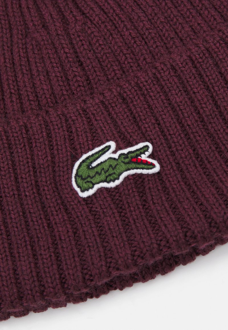Burgundowa, prążkowana czapka beanie z zielonym logo krokodyla na białej metce; miękka faktura i detal złożonego brzeg.