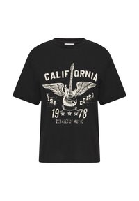 Fekete, rövid ujjú pamut póló, amelyen egy gitárt és szárnyakat ábrázoló grafikával, valamint a "California 1978" felirattal.