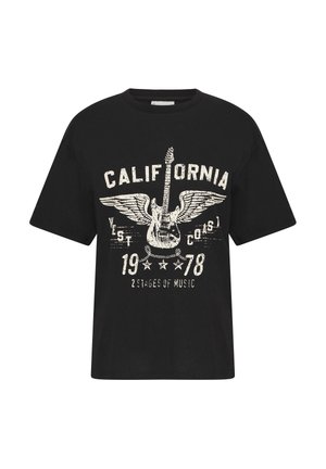 Tricou negru din bumbac cu mâneci scurte, decorat cu un design grafic ce reprezintă o chitară și aripi, având textul „California 1978.”