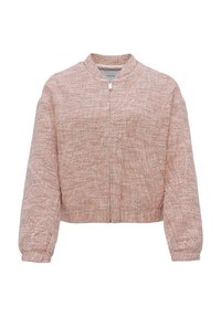 Veste zippée texturée rose clair à manches longues avec poignets, col et ourlet côtelés, présentée sur fond blanc.