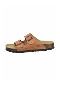 Brown wooden-textured slide sandal featuring two adjustable straps with buckles, a cushioned insole, and a textured black rubber sole.