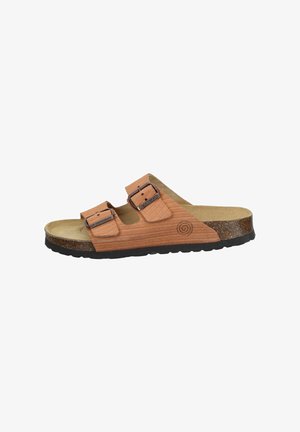 Brown wooden-textured slide sandal featuring two adjustable straps with buckles, a cushioned insole, and a textured black rubber sole.