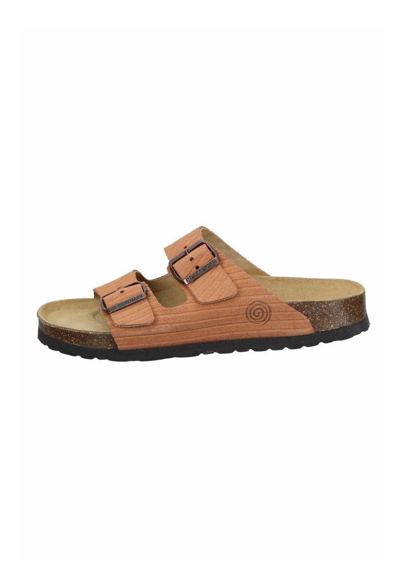Brown wooden-textured slide sandal featuring two adjustable straps with buckles, a cushioned insole, and a textured black rubber sole.