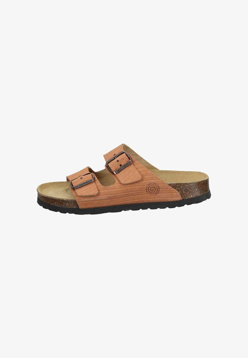 Brown wooden-textured slide sandal featuring two adjustable straps with buckles, a cushioned insole, and a textured black rubber sole.