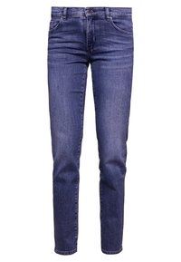 Blå denimjeans med slim fit, med fem fickor, knappstängning och lätt urtvättning fram och bak.