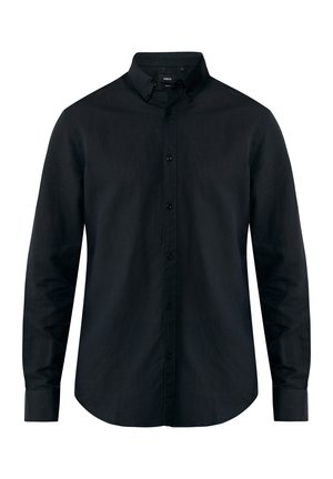 Schwarz, langärmliges Hemd, Button-Up-Design, Kragen mit Knöpfen, glatte Textur, abgerundeter Saum und eng zulaufende Ärmel.