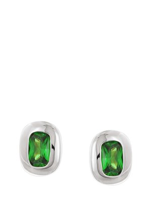 Silver earrings with rectangular green gemstones set in smooth, rounded frames, shown against a white background.