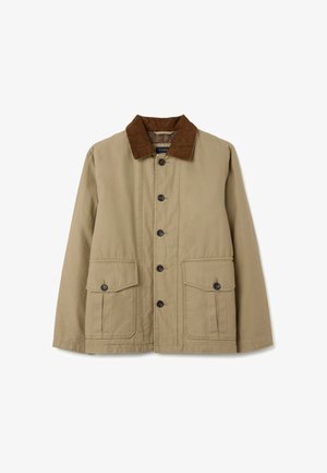 Veste kaki avec un col en corduroy brun, fermeture à boutons à l'avant, et deux grandes poches à boutons sur le bas à l'avant. Texture lisse.