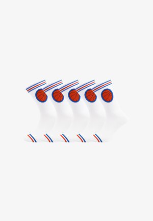 Five pairs of white crew socks with orange basketball and blue circle logo, and blue, orange, and white stripes on cuffs and toes.