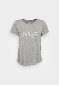 Šedé tričko s krátkým rukávem a kulatým výstřihem, s potiskem "Hollister" a grafikou racka v bílé a zlaté barvě. Měkká, pohodlná látka.