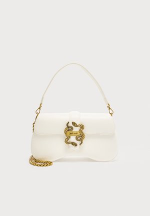 White leather handbag with gold snake-shaped clasp and chain detail, featuring a single top handle and a detachable shoulder strap.