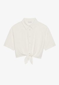 Chemise à manches courtes cintrée en lin beige clair, avec un devant à boutons et un détail noué à l'ourlet. Texture lisse avec un col classique.