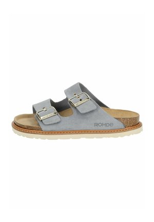 Gray suede slide sandals with two buckle straps and a cork footbed. The sole is light with a textured grip pattern. "ROHDE" printed on the side.