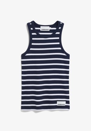 Marineblaue Tanktop mit horizontalen weißen Streifen, aus dehnbarem Stoff gefertigt. Verfügt über einen Rundhalsausschnitt und ein kleines Markenetikett am Saum.