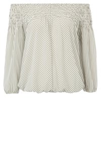 Weißes Off-Shoulder-Blusenoberteil mit vertikalen schwarzen Streifen. Besitzt eine Raffungen am Halsausschnitt und Ballonärmel.