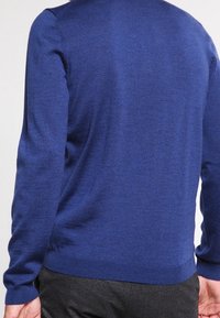 Pull en tricot bleu avec des manches longues. Texture lisse et détails de poignets côtelés. Conception simple, sans motifs visibles ni quincaillerie.