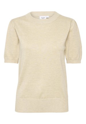 Pull léger à manches courtes de couleur jaune clair, fabriqué en tissu tricoté doux. Il présente un col rond et des manches légèrement froncées.