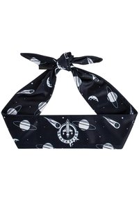 Schwarzes Satin-Haarband mit weißem, weltraumthemen Druck, der Planeten und Raketen zeigt, oben mit einem Knoten gebunden. Der Verschluss ist verstellbar.